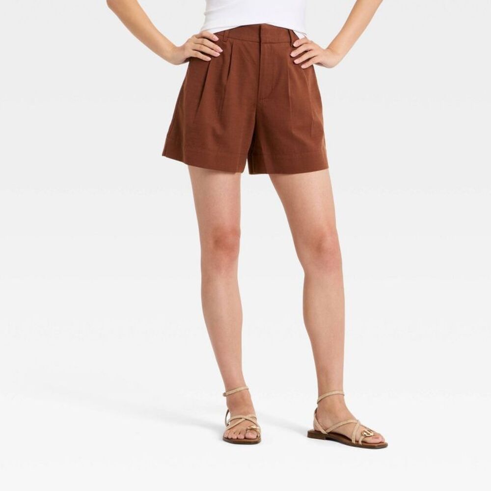A New Day - Women's Linen Pleated Shorts - A New Day Brown 12 Brown